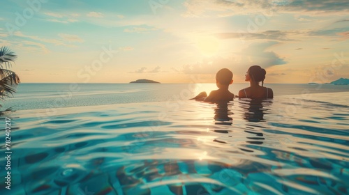 Happy family concept mother and son relaxing together in swimming pool at resort. AI generated © atapdesain