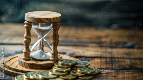 Retro vintage a hourglass with pile of coins on rustic wooden board. AI generated image