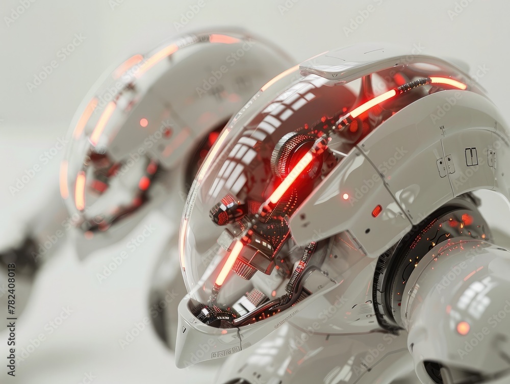 Futuristic White Robot Hourglasses with Glowing Red Light Lines Symbolizing Technology and Time