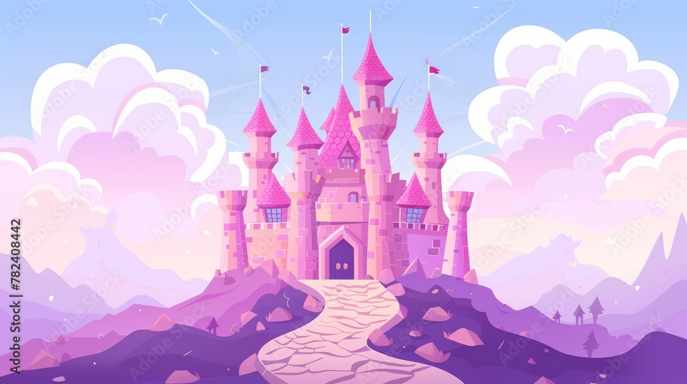 Imaginary castle with turrets, standing on mountain top with rocky road to gates and lilac clouds, medieval architecture, dream, modern illustration.
