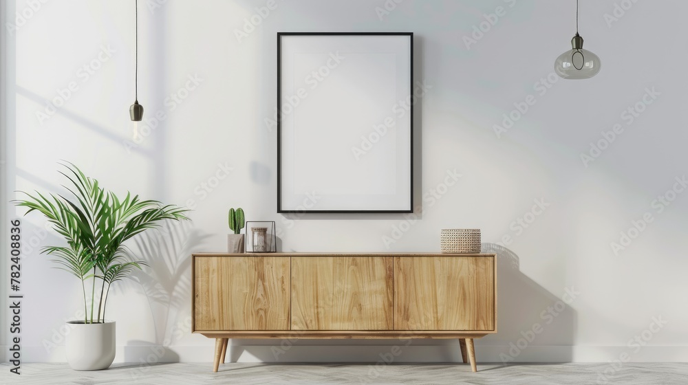 wooden photo frame mockup with beige vase with eucalyptus. rendering 3d wooden photo frame mockup with beige vase with eucalyptus. rendering 3d
