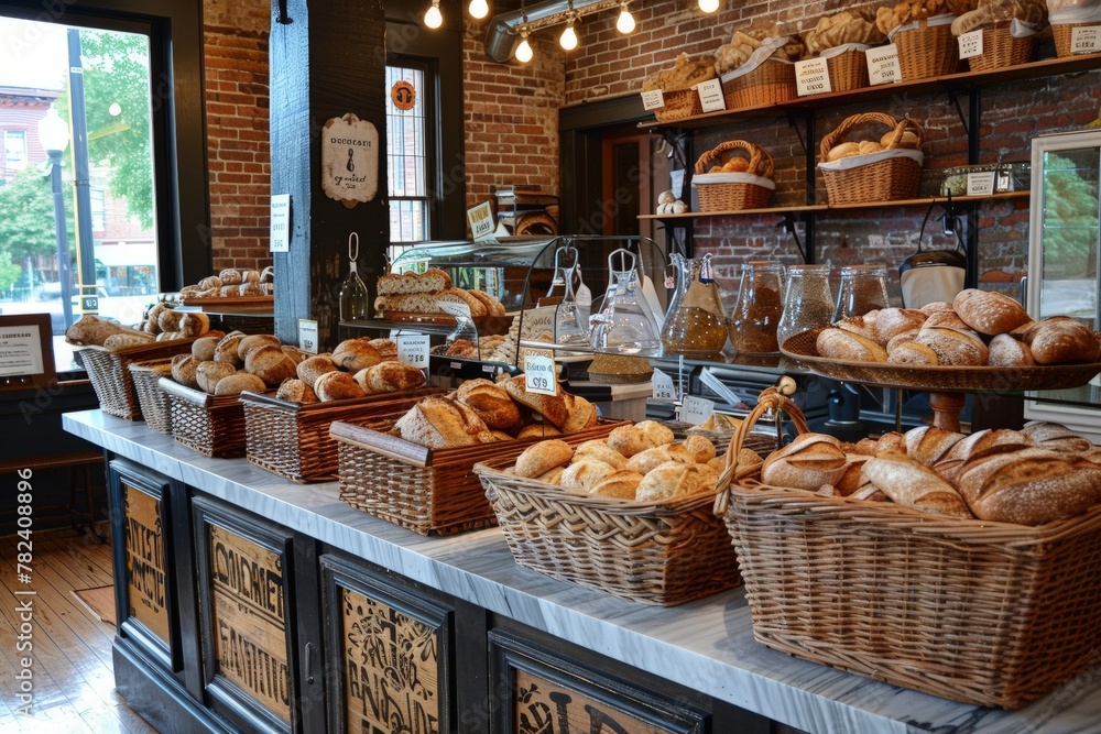 Sunlit bakery with artisan breads on wooden shelves and rustic feel