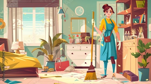 Cleaning room in boho style with broom and apron. Mother, housewife or cleaning service employee stands in messy boho interior with scattered garbage Cartoon modern illustration