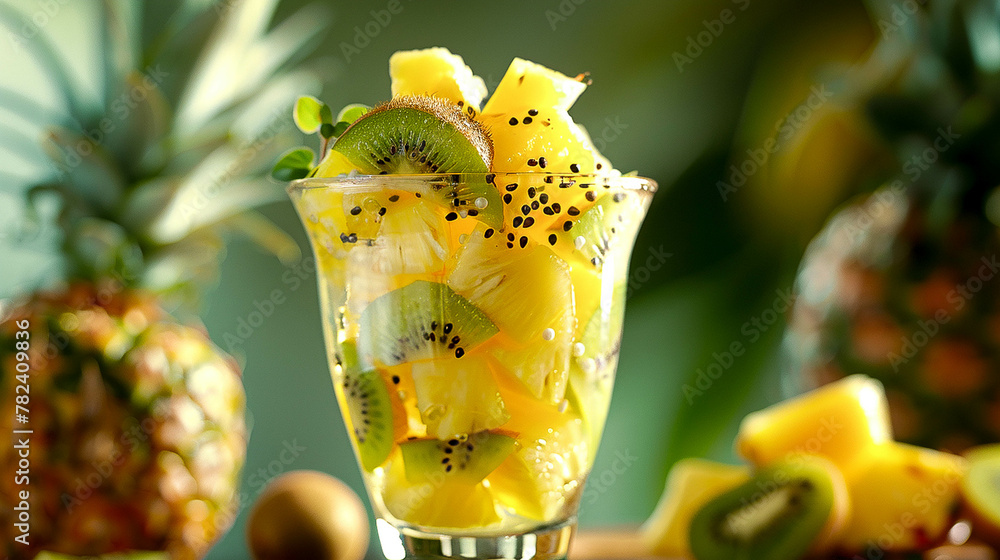 Fruit cocktail with pieces in a glass goblet with pineapple and kiwi pieces as decoration. Koktajl owocowy z kawałkami w szklanym kielichu z kawałkami ananasa i kiwi jako dekoracja. - obrazy, fototapety, plakaty 