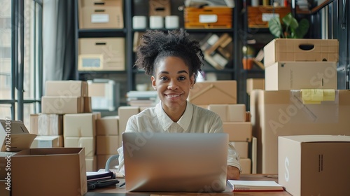 Young woman freelancer sme business online shopping look at camera with cardboard box on table at home - Business online shipping and delivery concept. AI generated illustration