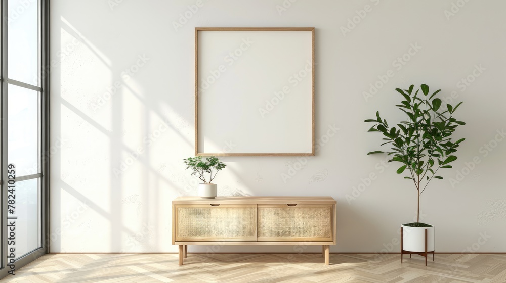 wooden photo frame mockup with beige vase with eucalyptus. rendering 3d