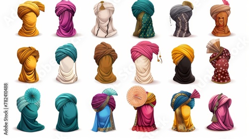 Indian and Arab turbans. Modern realistic set of blank winding headscarves, traditional Indian clothes, pagdi isolated on white. photo