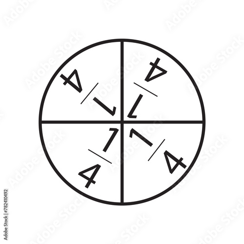 Fraction one-fourth in a circle sign. The circle is divided into four parts