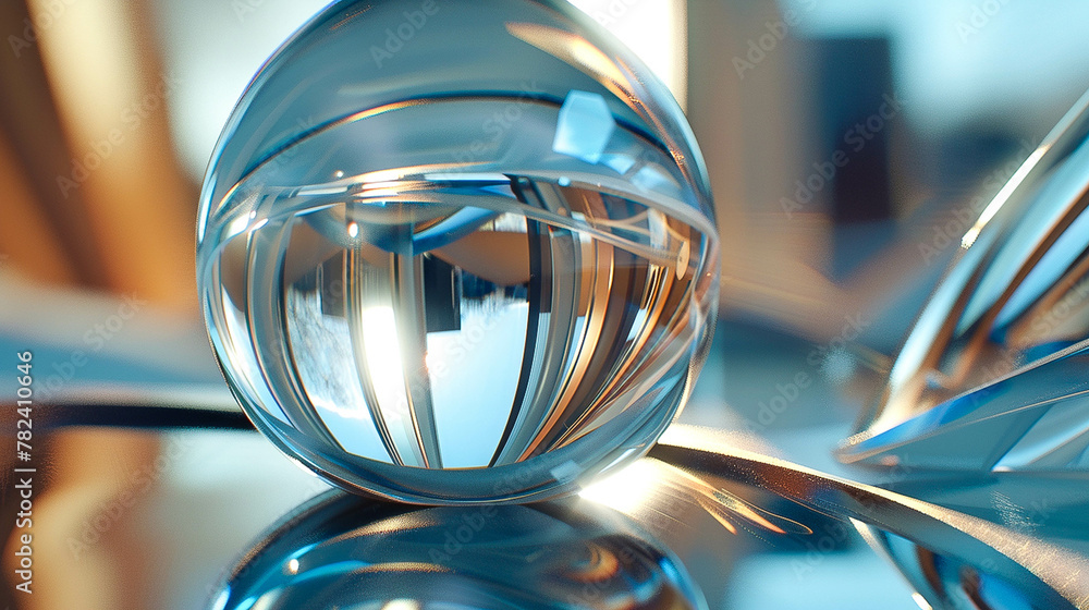 A glass ball reflecting light close up, creating the illusion of depth and space, background, texture