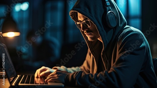 Cyber Vigilante Working Intently on Laptop Generative AI © AlexandraRooss