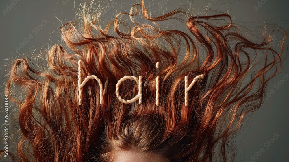 a woman with red hair and the word hair spelled in it - obrazy, fototapety, plakaty 