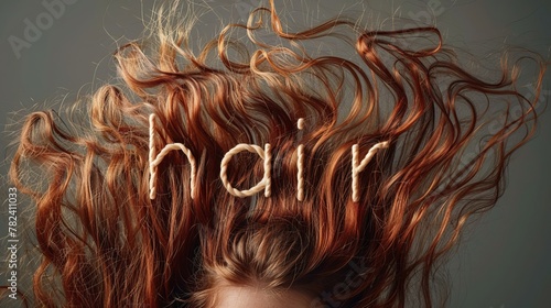 a woman with red hair and the word hair spelled in it