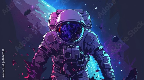 Back to home cartoon landing page with astronaut exploring galaxy. Spaceman with Earth planet reflection looks sad on native land. Cosmonaut explores space modern web banner. photo