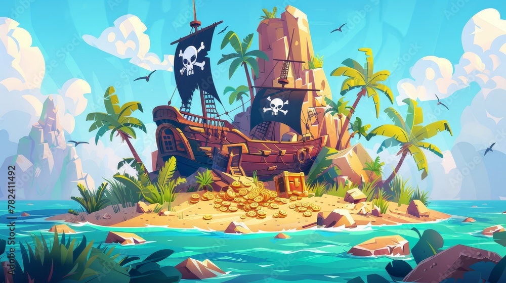 Modern cartoon seascape with broken pirate ship and treasure chest on ...