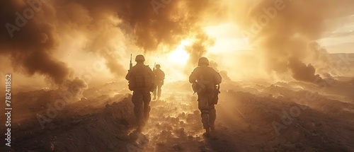 Valor Amidst Havoc: Soldiers' Steadfast March. Concept Military Honor, Unwavering Courage, Sacrifice for Freedom, Resilient Warriors