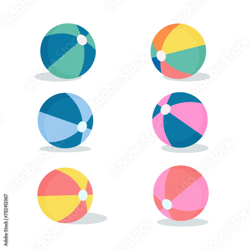 Set of inflatable, striped colorful balls. Beach and pool fun. Summer concept.