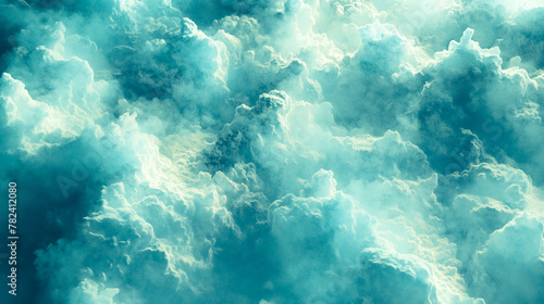 Soft and fluffy cloud texture, full of lightness and unpredictability with space for text in blue-green shades © Malgorzata