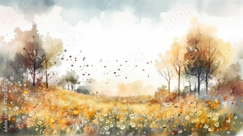Vibrant Autumn Floral Watercolor Landscape Generative AI