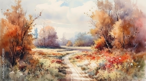 Vibrant Autumnal Floral Meadow Watercolor Generative AI