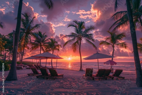 Palm trees and chairs on beach under afterglow sky at dusk