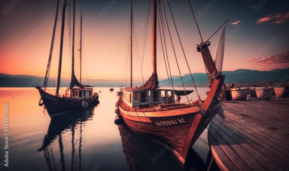Fototapeta premium Serene Sailboats Moored in the Bardolino Harbor at Sunset Generative AI