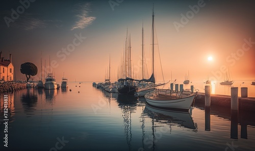 Picturesque Sailboats Docked in Bardolino Harbor at Sunset Generative AI