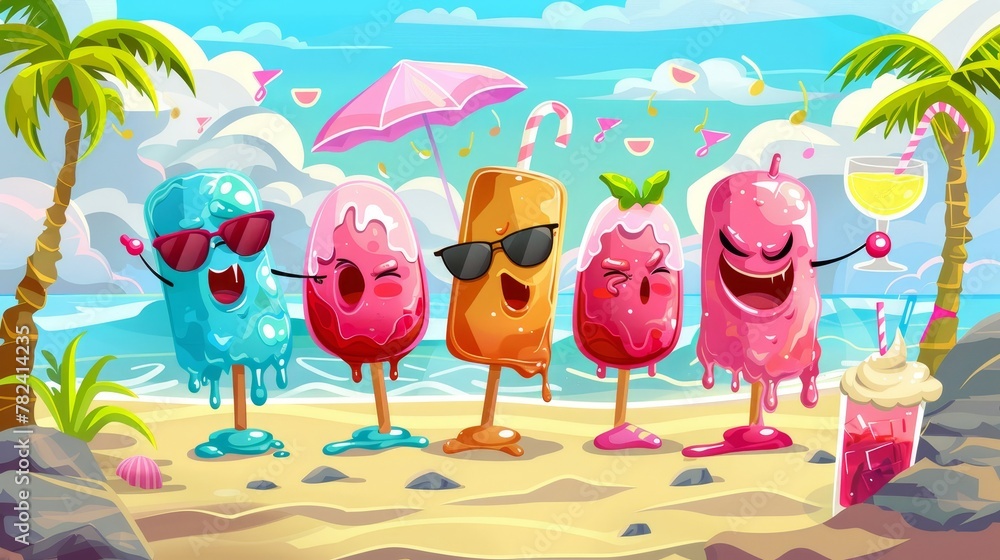 Popsicle eskimo pies on a beach in the summer expressing emotions, listening to music, melting in the heat, wearing sunglasses, and drinking cocktails cartoon modern illustration in a.