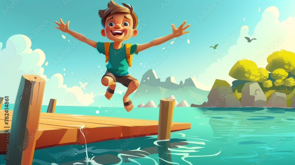 A happy boy jumps into the water from a wooden pier in a summer vacation concept. A summer vacation concept with a playful child playing on a lake on a sunny day. Kid summertime lifestyle concept,