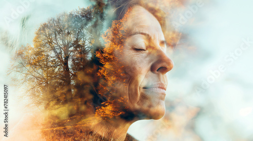 collage with middle aged woman with closed eyes with a calm face in meditation for relaxation in menopause