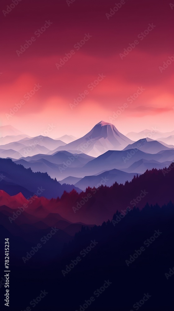 Fiery Red and Deep Violet Minimalist Mountain Landscape Generative AI