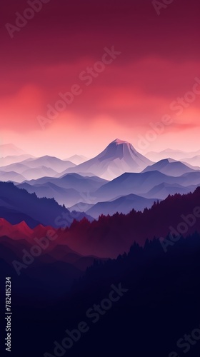 Fiery Red and Deep Violet Minimalist Mountain Landscape Generative AI © AlexandraRooss