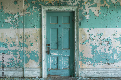 A blue door with a black handle sits in front of a wall with peeling paint