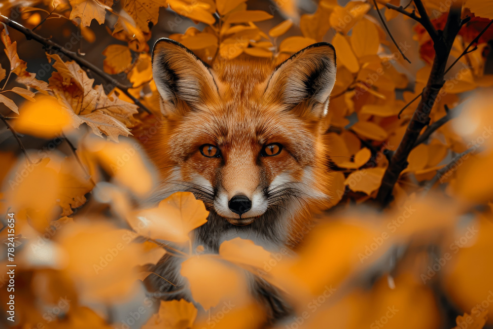 A fox is hiding in the leaves of a tree A fox is hiding in the leaves of a tree