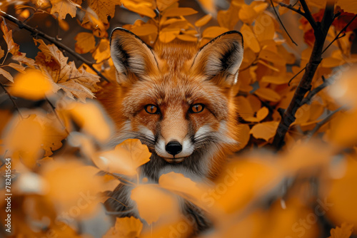 A fox is hiding in the leaves of a tree