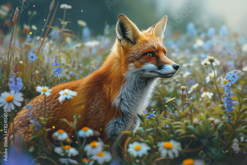 A fox is standing in a field of flowers