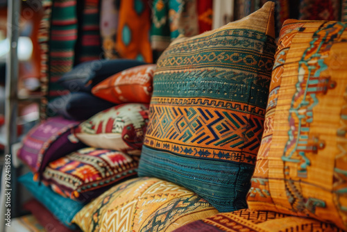 A row of colorful pillows are displayed on a bench