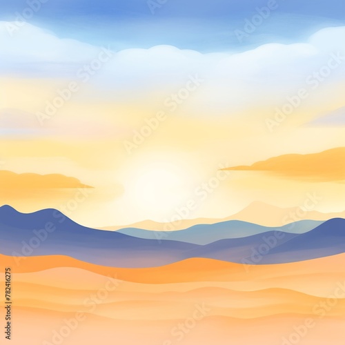 Desert Dusk, Desert sunset, vast orange sands & deep blue, cartoon drawing, water color style.