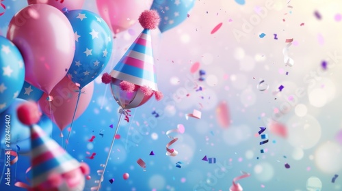 Birthday banner design with hats, balloons, confetti on defocused background. Anniversary celebration backdrop design with festive items in realistic 3D modern format.