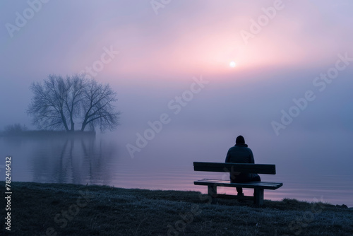 A person sits on a bench by a lake, watching the sun set