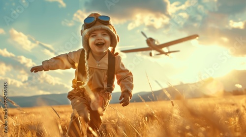 Fototapeta Naklejka Na Ścianę i Meble -  Young boy Airplane pilot energetically runs through a vast field with a vintage airplane visible in the distant background. The childs joyful expression is evident as he dashes through the open space