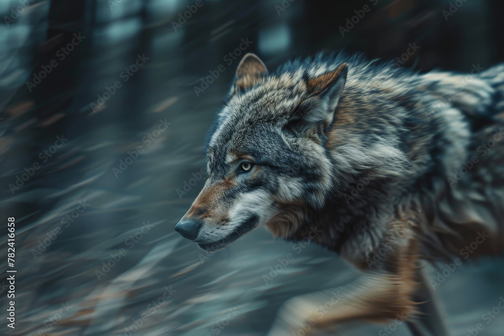 Fototapeta premium A wolf is running through the woods with its head held high