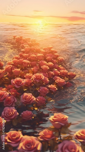 Ethereal Seascape with Vibrant Pink Roses Generative AI