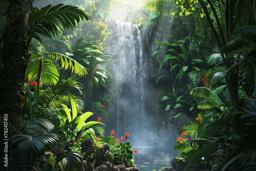 A lush jungle with a waterfall and a few flowers