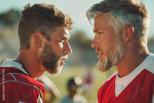 Two men with beards are talking to each other