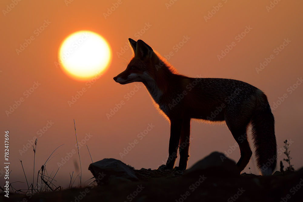 Fototapeta premium A fox is sitting on a hillside in front of a setting sun