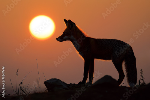 A fox is sitting on a hillside in front of a setting sun