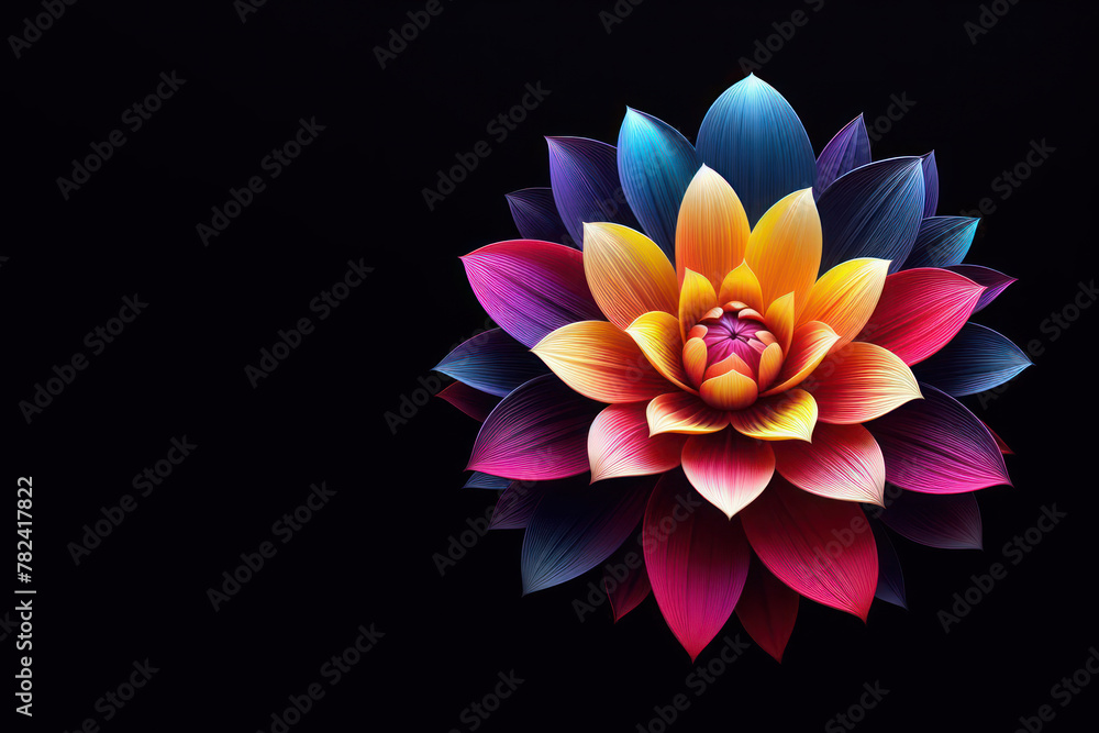 Colorful flower on black background. Space for text.