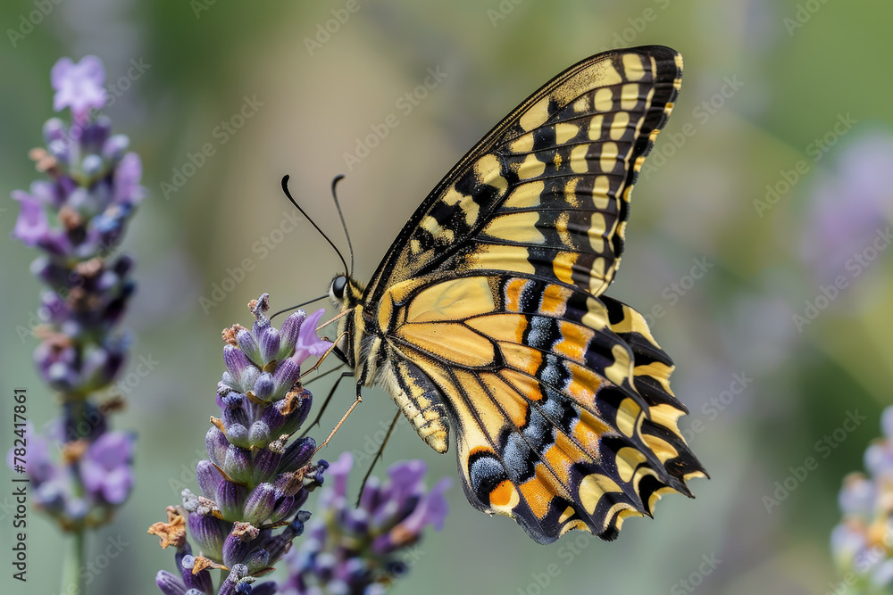 Fototapeta premium A butterfly is perched on a purple flower