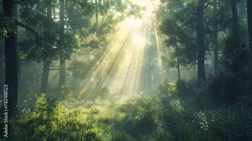 Experience the tranquility of a mist-covered forest at dawn  where sunlight filters through the trees  casting ethereal rays of light onto the forest floor.