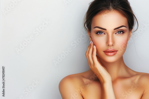 Close-up Portrait of a Beautiful Woman with Healthy Skin and Makeup on Copy Space Background 